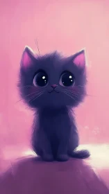 Cute Black Cat with Large Eyes on Pink Background