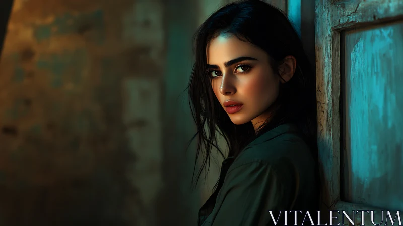 Cinematic portrait woman in teal and amber side lighting.