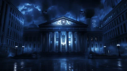 Neoclassical government building at night under blue lighting.