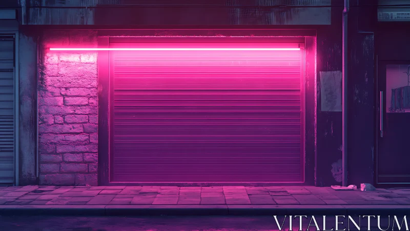 Neon-lit urban garage shutter in saturated magenta glow.