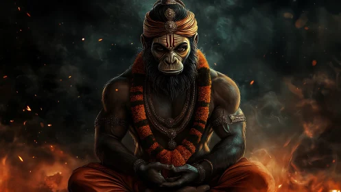 Divine monkey warrior meditates within embers and shadow flame