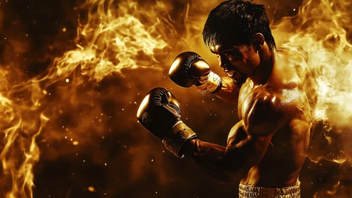 Powerful boxer ready to strike with fiery golden intensity.