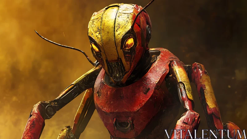 Insect-like humanoid robot stands against diffuse yellow haze