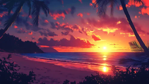 Digital coastal sunset scene shows silhouetted palms and surf