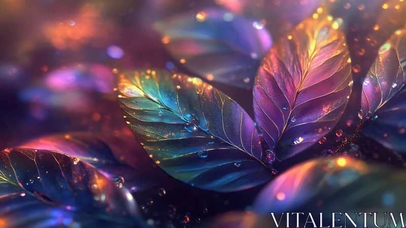 Iridescent macro foliage rendered with spectral bokeh and wet highlights