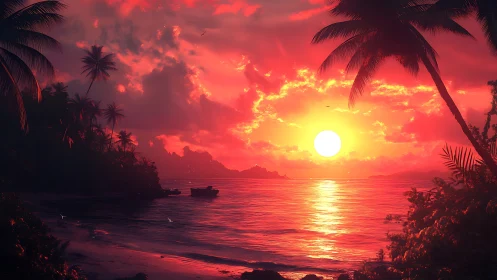 Tropical island shoreline under vivid red sunset sky.