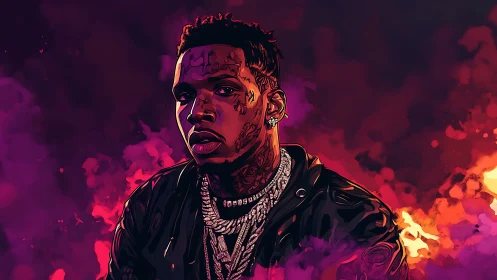 Digital portrait depicts tattooed man amid abstract smoke field