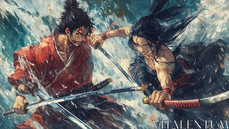 Samurai duel in turbulent water with crossed katana blades.