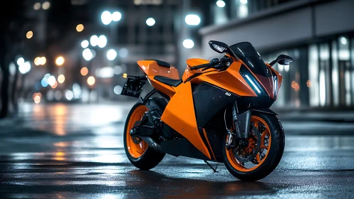 Electric orange superbike glowing under rainy city lights.