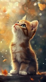 Luminous ginger kitten observing autumn foliage with bokeh ambient lighting.