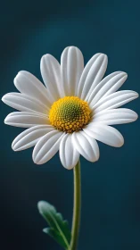 Single white daisy macro on dark teal blurred background.