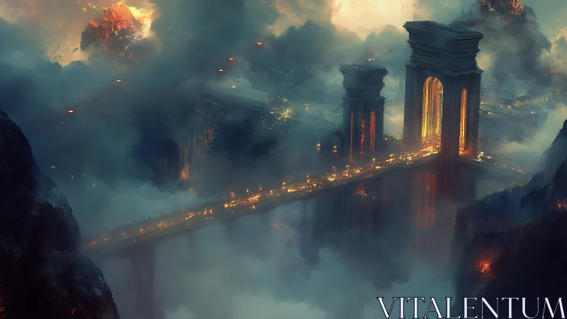 Volcanic suspension bridge glows through dense atmospheric fog