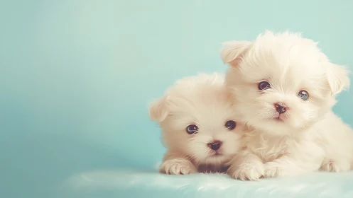 Twin Maltese Puppies Against Turquoise Background. Studio Portrait.