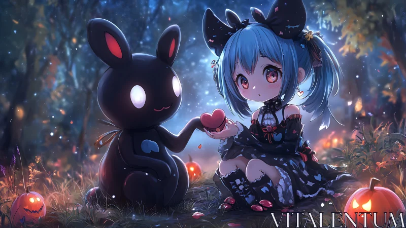 Gothic chibi girl shares glowing heart with shadow bunny