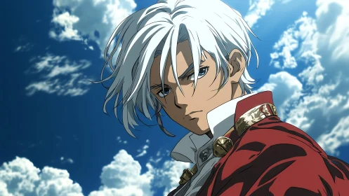White haired anime soldier in red uniform under sky.