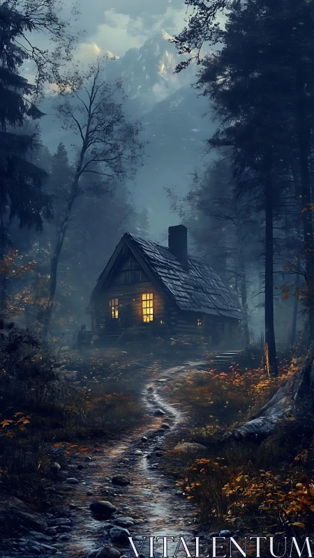 Digital painting of a misty forest cabin with alpine backdrop.