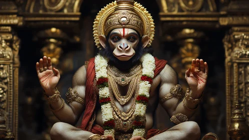 Hyperreal simian deity sculpture in gilded temple shrine