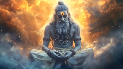 Mythic blue ascetic meditates within blazing cosmic clouds.
