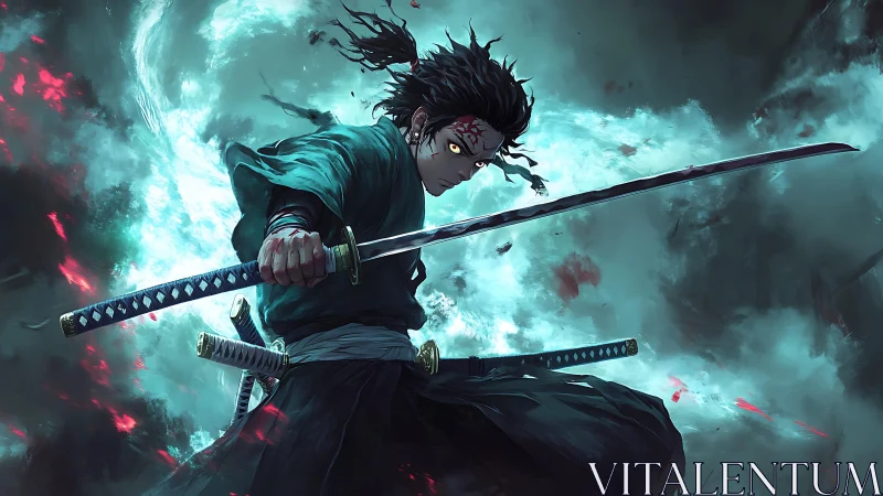 Demonic-eyed samurai lunges through luminous storm vortex