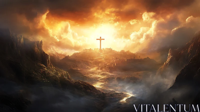 Burning sky over sacred city crowned by radiant cross.