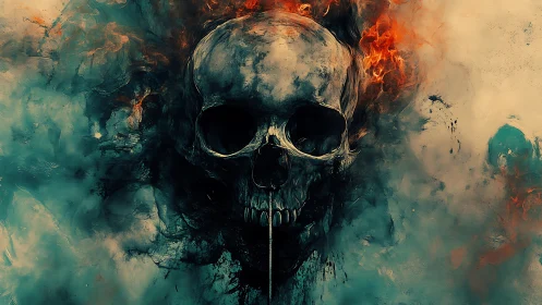 Burning skull emerges from swirling teal and orange smoke
