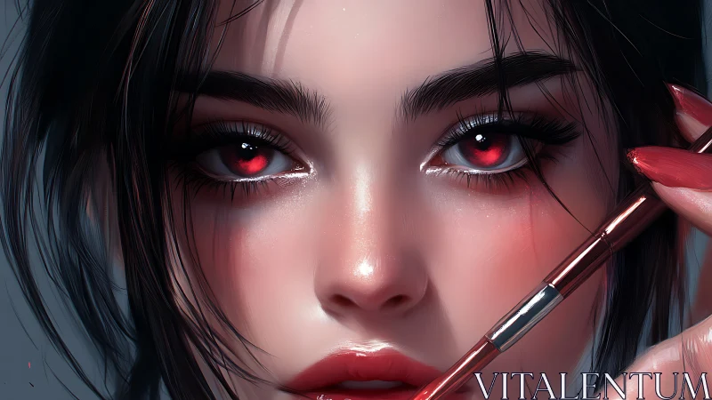 Hyperreal digital portrait with luminescent crimson irises.