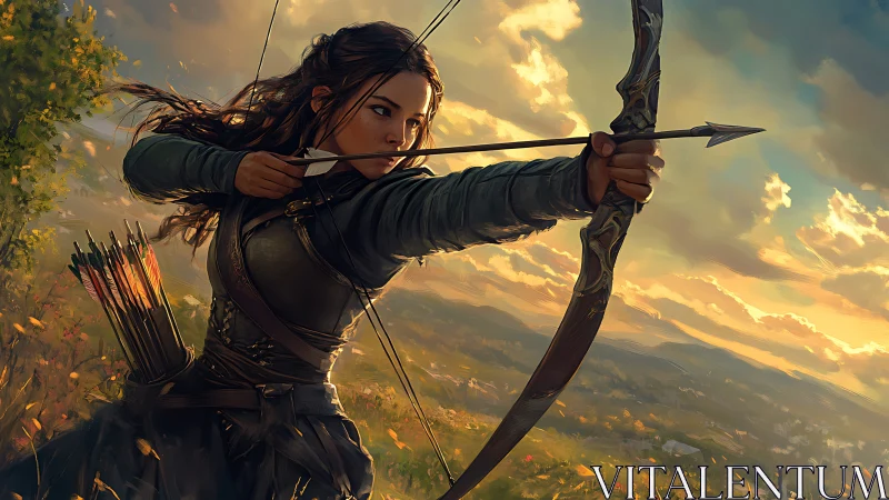 Swift archer holds steady aim above a sunlit valley
