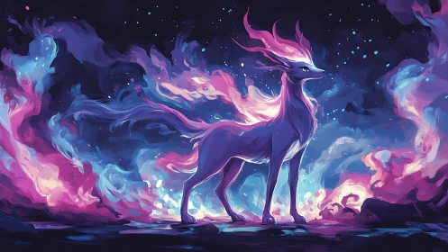 Celestial spirit fox stands amid swirling neon stardust