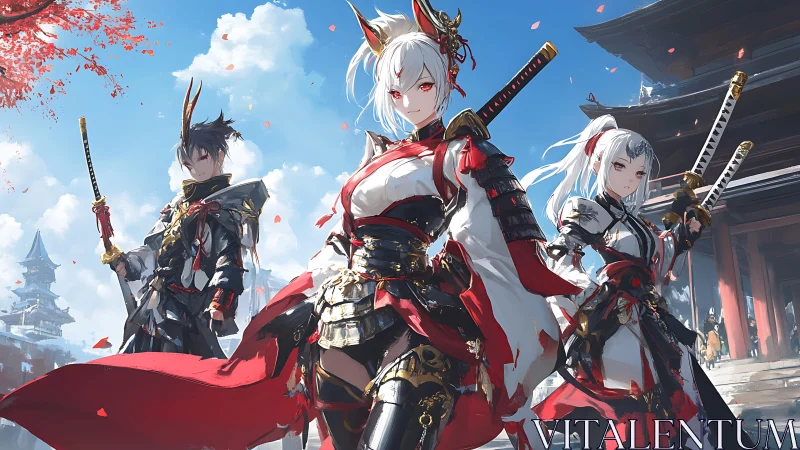 Crimson foxblade samurai trio under drifting sakura skies.