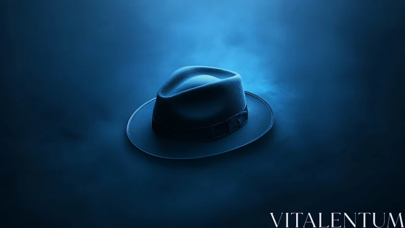 Cinematic fedora spotlight in atmospheric blue gradient field.