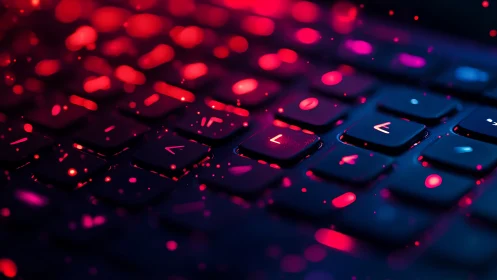 Glowing keyboard keys under neon red cyber light effects.