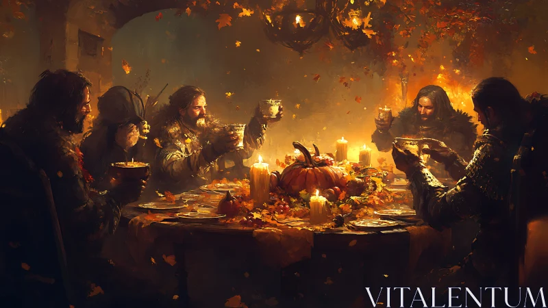 Autumn feast of rugged warriors around a glowing harvest table.