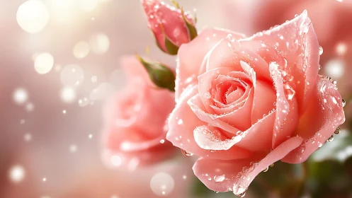 Coral pink rose with water droplets in soft focus light