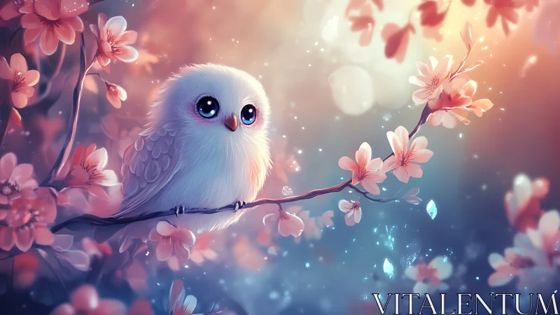 Adorable White Owl on Blossoming Branch in Dreamy Fantasy Style.