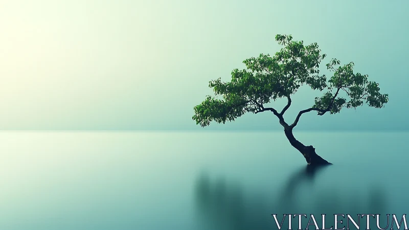 Solitary Tree in Calm Water, Minimalist Nature Photography.