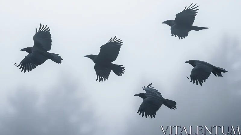 Flock of Ravens Flying in Morning Fog, Minimalist Nature Photography.