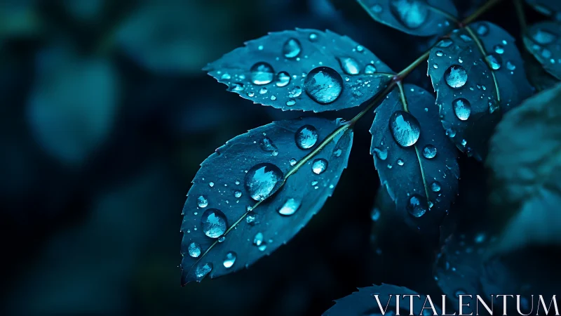 Moonlit raindrops resting on midnight sapphire leaves.