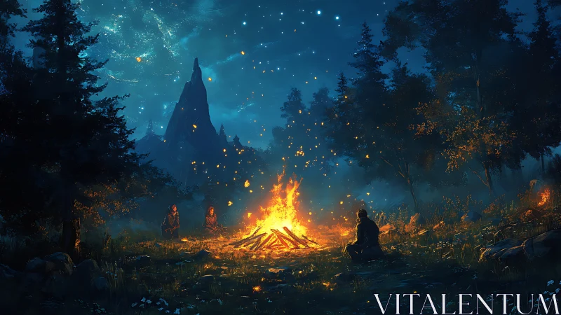 Nocturnal Gathering: Bonfire Under Starlit Sky.