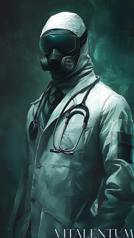 Pandemic-clad doctor stands in teal fumes of quiet dread.