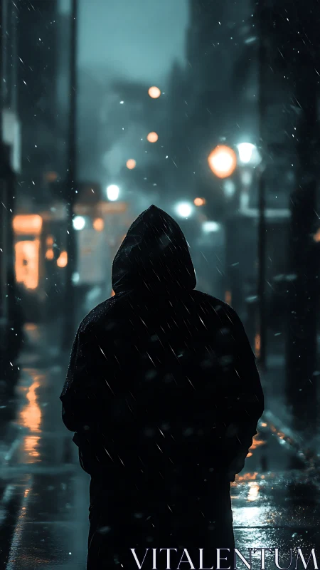 Hooded figure walking alone on rainy neon city street.