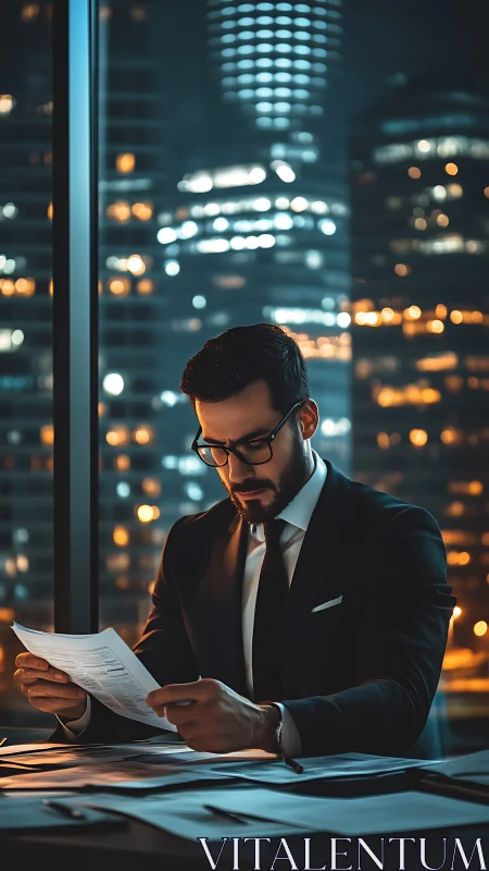 Focused businessman reviews documents in a night city office