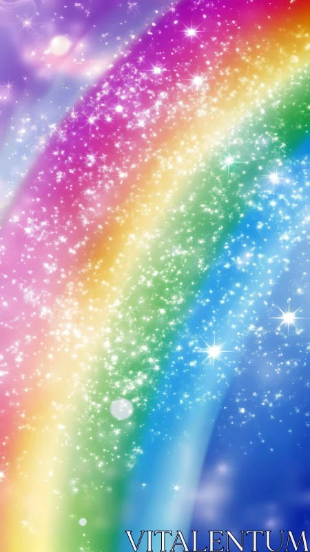 Shimmering rainbow arcs through a dreamy, starry sky