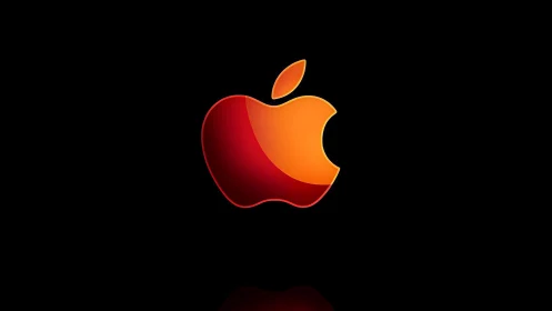 Glossy orange apple emblem on deep black background.