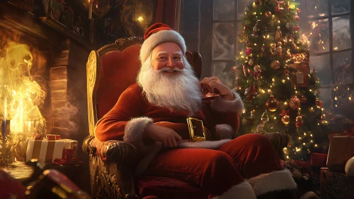 Santa rests by glowing fireplace near festive Christmas tree