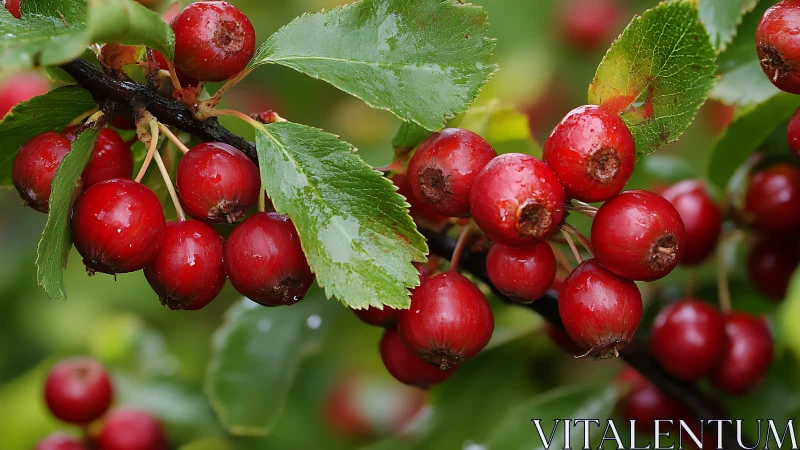 Glowing red berries clustered on fresh green garden branches.
