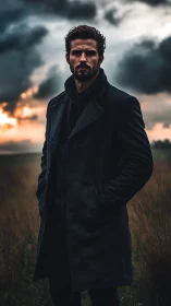 Moody portrait of man in dark coat under stormy sky.