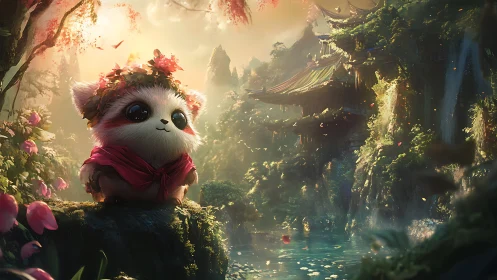 Adorable forest creature gazes over tranquil fantasy shrine.