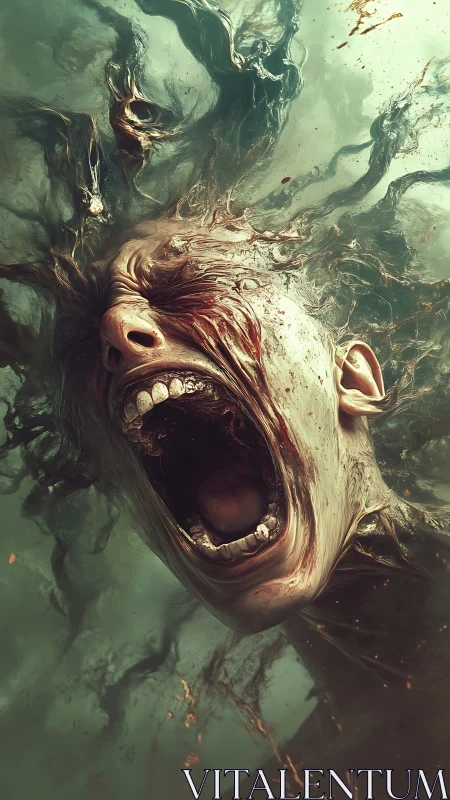 Submerged screaming head with decayed flesh and tendril-like hair