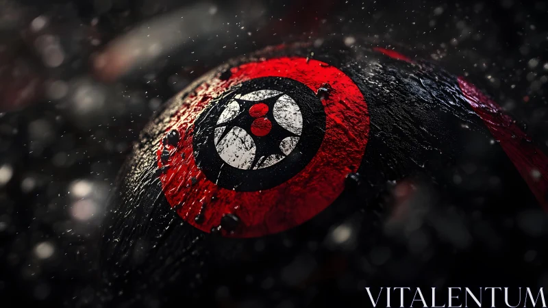 Weathered Red and Black Shield with Symbol in Dramatic Lighting.