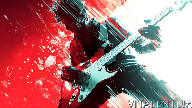 Digital rock guitarist with electric energy bursts.
